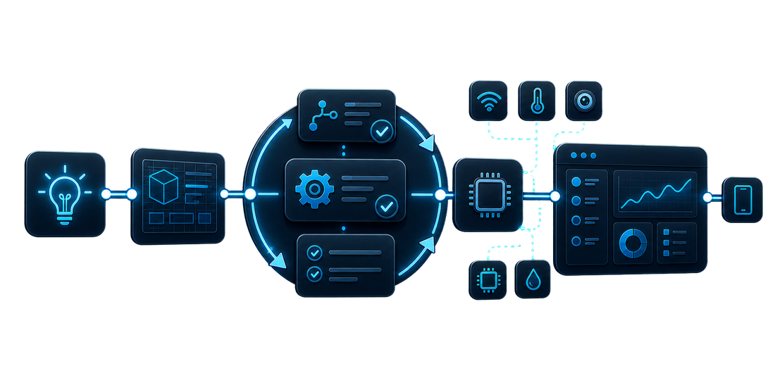 Ilustración de un proceso técnico que conecta idea, prototipo, desarrollo e integración IoT